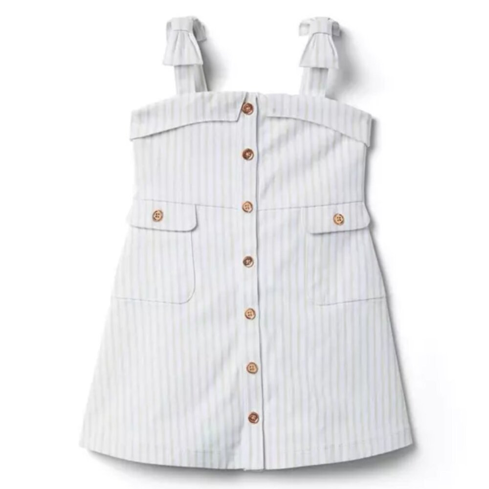 Janie and Jack White Beige Striped Bow Strap Button Front Dress Sz 4